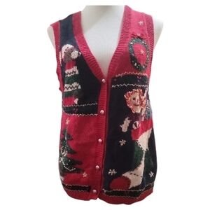 Capacity Red Knit Sweater vest christmas tree holiday festive present wreath med